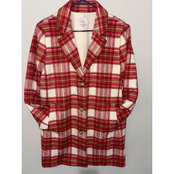 LOFT NWOTS Plaid Double Breasted Red Cream Coat Sz L Wool Blend Fully Lined - Picture 1 of 16